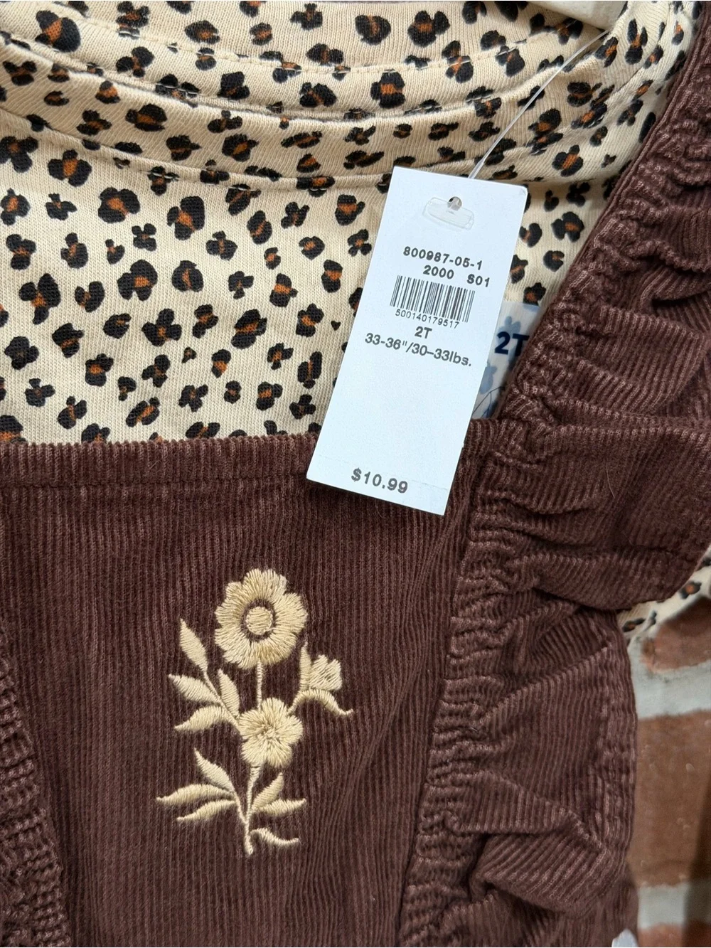 Old Navy Brown Corduroy Pinafore Dress with Floral Embroidery